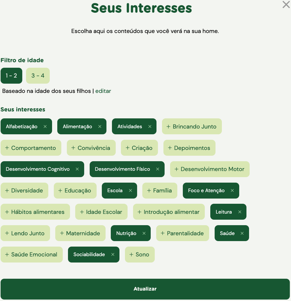Tela de seleção de intereses do site